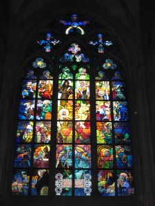 One of many huge stained glass windows in St. Vitusâ€™ Cathedral, this one is by Alfons Mucha in Art Nouveau style (Catherineâ€™s favourite)