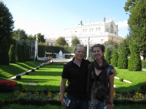Us in the Volksgarden, a giant public park.  People hang out on benches reading books or stroll around or walk their dogs. 