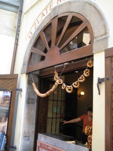 Pretzels are a pretty popular street food in Czech Republic and Poland.  This window in Prague is pretty nice, but most of them were just little hotdog-type carts.  In Poland, a fresh, salt-sprinkled pretzel will set you back 1.3 Zloty (about 50 cents Canadian). 