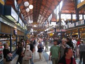 Wide view of the great market square in Budapest.  It is like Granville Island Public Market, but bigger and more diverse.