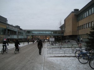 A Pedestrian Mall at the University.  People still ride their bikes, but with studded tires.