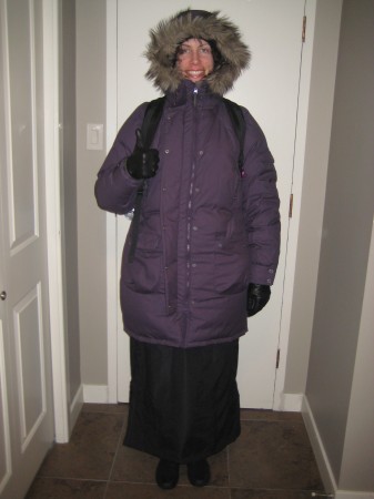 My MEC parka, Swedish skiing skirt, boots, gloves, ear warmer, tights, leg warmers, woolly sweater, and work clothes. Not pictured: scarf.