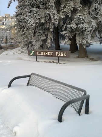 Take that, city bench!  Kinsmen park has been a meeting place for skiing fans.  