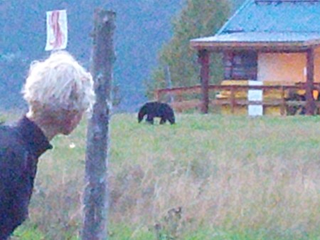 Elizabeth with the first bear, Chompy.  He was too busy eating mushrooms to bother with us.