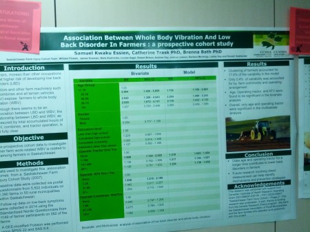 Essien, S., Trask, C. (2014) Association between whole body vibration and low back disorder in farmers: a prospective cohort data. Saskatchewan Epidemiology Association (SEA)<sup> </sup>Annual Conference. October 23-24, Saskatoon, Canada. <strong>Third prize</strong>of the Saskatchewan Epidemiology Association Best Poster award.