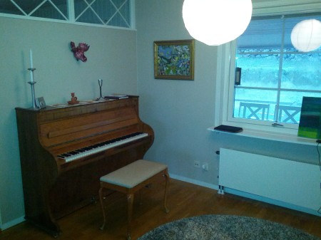 The piano corner with a moose head