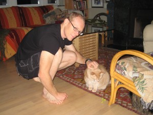 Meeting of the gingers: Graham petting Ajax