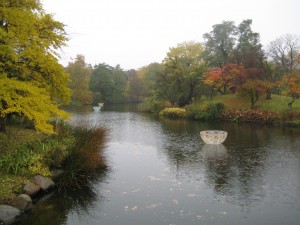 Botanical gardens.  The floating teathered half spheres were public art that would float around the pond pushed by the wind. 