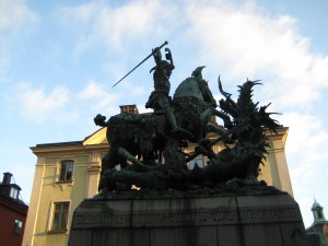 Dude slaying some sort of serpent beast.  Gamla Stan in Stockholm