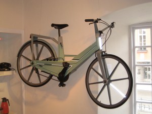 This bike is made entirely out of plastic, except the chain, gears, and some brake mechanisms.  We saw it at the Upplandsmuset in the â€˜Mid century Sedish plasticsâ€™ exhibit. 