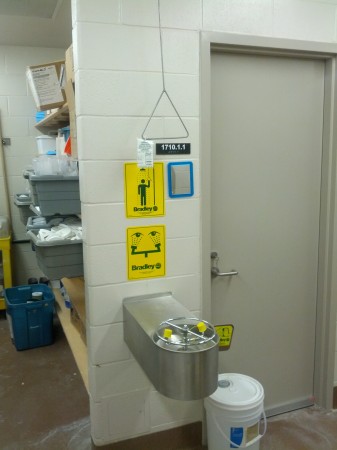Its a lab, so there are several showers and eye-wash stations.