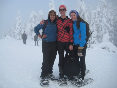 Kiran, Erica and me at Seymour.  It was not a great view, but a fun hike nonetheless.  I was tough enough not to need a jacket, but big thanks to Erica for loaning me her gaitors (I was wearing racing flats). 