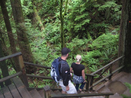 Trailing behind on the steps