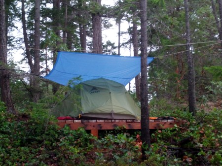 Dry as one could wish for.  The Copeland and Curme Islands have wooden platforms for tents so you don't sleep in a puddle.  It is awesome! We were almost never dry getting into the tent, but our bags and stuff stayed pretty dry inside.  We kept all food well away from the tent, so hopefully it will be ready for a bear-infested adventure next time. 