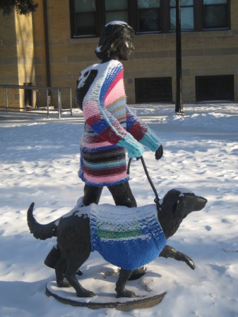 Warm-hearted people feel bad even for the bronze people, leading to knitting bombs