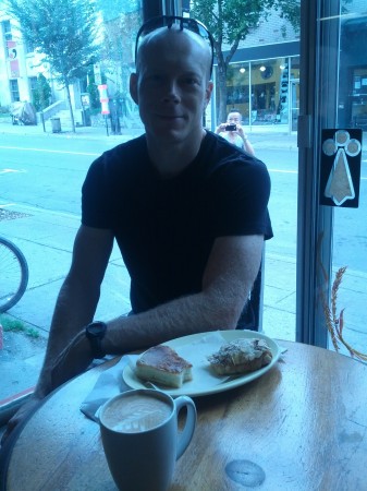 Graham eating an outstanding Kouighn Amman.  This place is scruffy-famous, as noted by the guy taking a photo of us outside (so meta!)