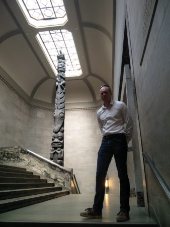 Graham with the 4-story totem, stolen with love from Haida Gwaii